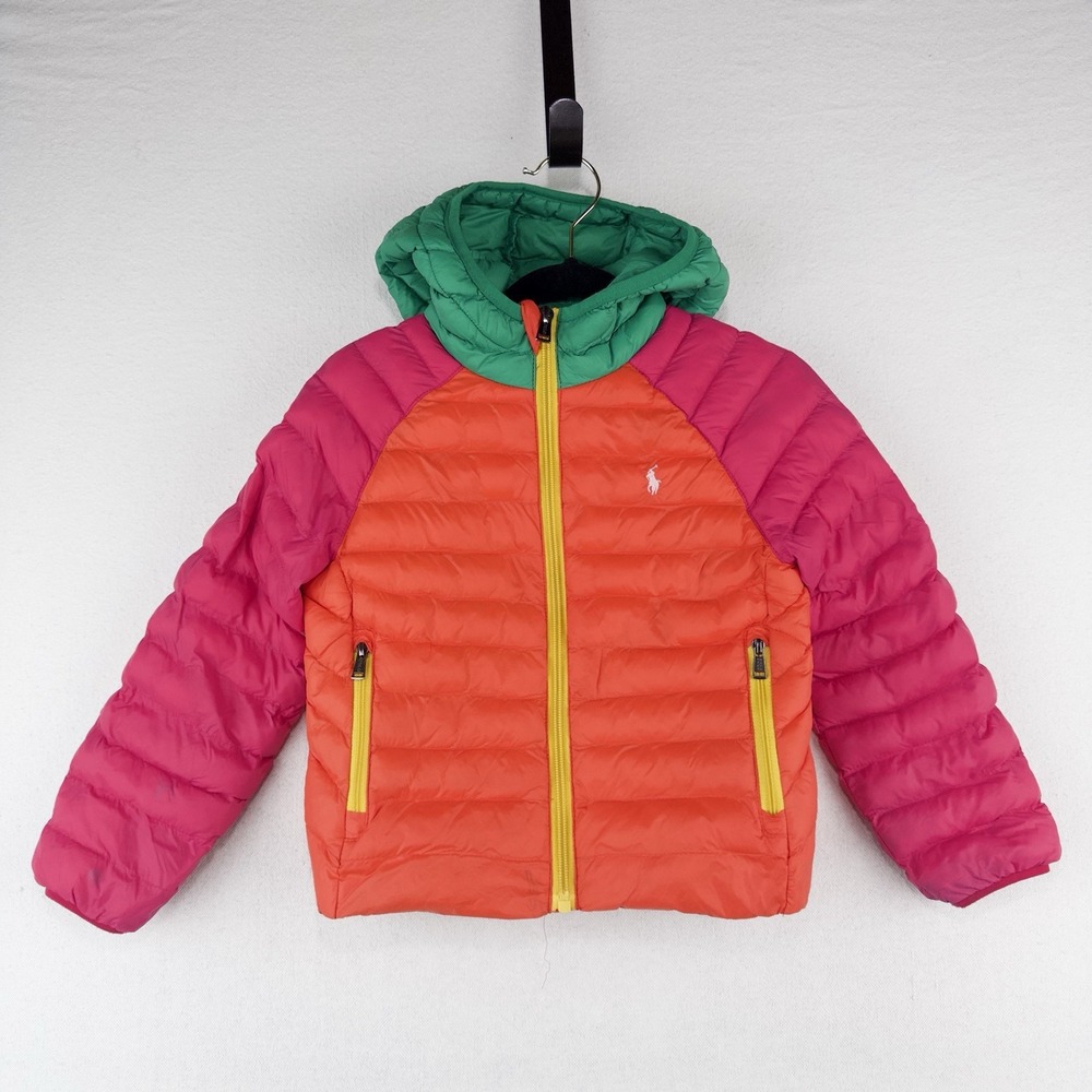 Polo Ralph Lauren Duck Down Puffer Hooded Jacket Kids 4/4T Pink Orange Green